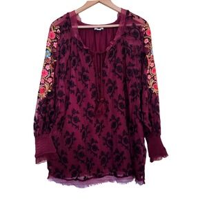 Sundance Gemma Tunic Top Medium Burgundy Embroidered Lace Floral Tassel Boho